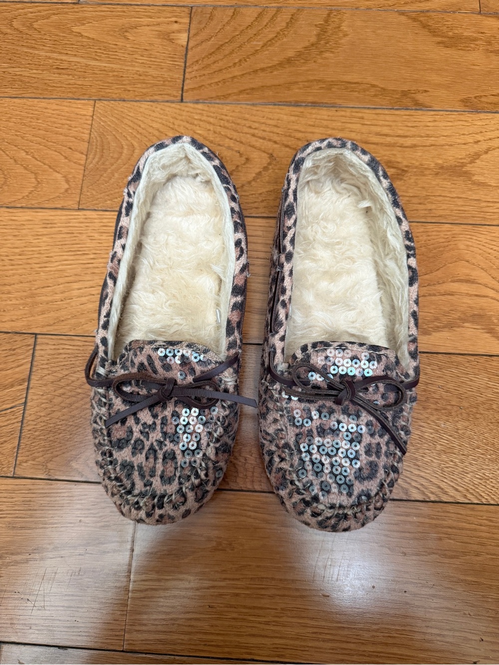 Leopard Print Faux-Fur Lined Moccasin Slippers with Sequins